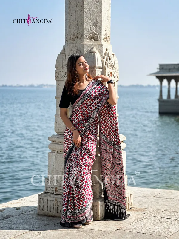 Black_And_Red_Trending_Ajrakh_Print_Semi_Modal_Silk_Saree_682007